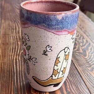 Seasoned Pottery Tumbler; pristine condition; cowgirl themed